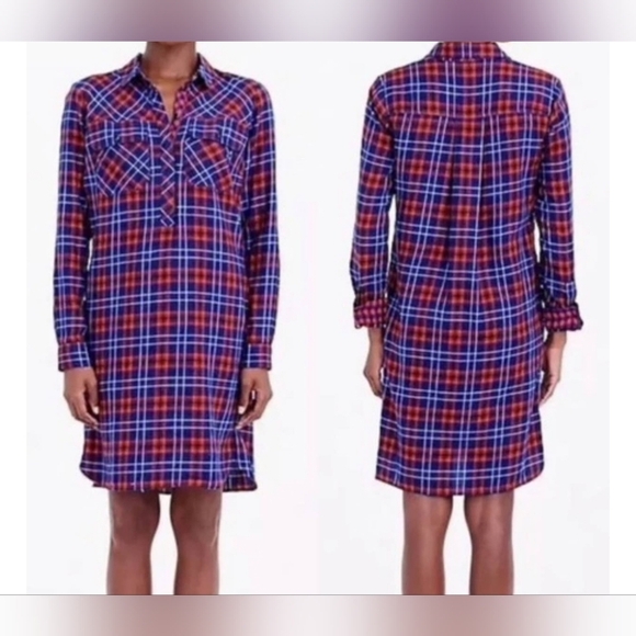 J.Crew,  Flannel Shirt Dress with Pockets, Red/Blue Plaid, Size XS - Picture 2 of 7